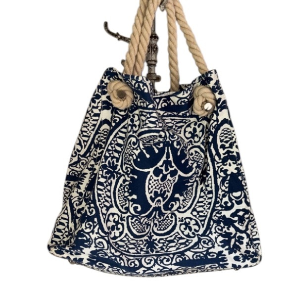 Beach bag tote Navy travel nautical boating sailing lined Donna Dixon canvas - Picture 1 of 5